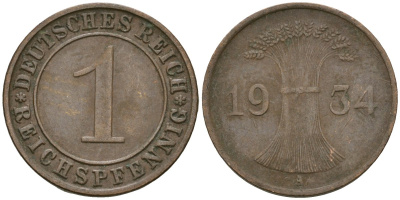 Германия 1 рейхспфенниг 1934 A KM 37, J. 313 бронза 4189-1251