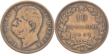Италия 10 чентезимо 1894 B/I, Умберто I (1878-1900) KM 27.1 медь 4526-1031
