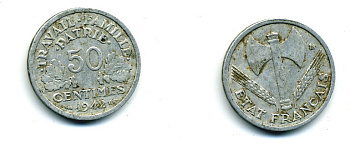 ФРАНЦИЯ 50 САНТИМОВ 1942 ТИП FRANCISQUE, LOURDE, ПРАВИТЕЛЬСТВО ВИШИ KM 914.1, LE FRANC 195.2 алюминий 84-355