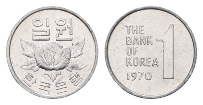 Южная Корея 1 вона 1970 роза шарона KM 4a алюминий  UNC  M78-01