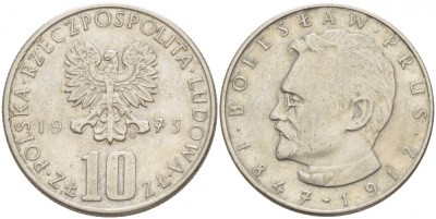 Польша 10 злотых 1975 MW, Болеслав Прус KM 73, Parchimowicz 242a медно-никель 213-816