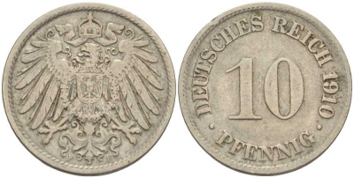 ГЕРМАНИЯ 10 ПФЕННИГОВ 1910 F KM 12, J. 13 медно-никель 31-1031