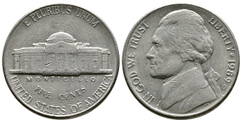 США 5 ЦЕНТОВ 1989 D, ДЖЕФФЕРСОН KM А192 медно-никель 29-225