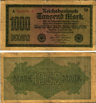 ГЕРМАНИЯ 1000 МАРОК 1922 15 СЕНТЯБРЯ 1922, ЖЁЛТАЯ БУМАГА, ВОДЯНОЙ ЗНАК I, СЕРИЯ XB Pick 76b, Rosenberg 75d бумага 8616-15-2-1