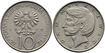 Польша 10 злотых 1975 MW, Адам Мицкевич (1798-1855) KM 74, Parchimowicz 242a медно-никель 51-2125
