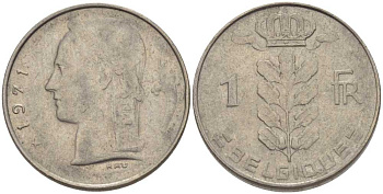 БЕЛЬГИЯ 1 ФРАНК 1971 BELGIQUE, БОДУЭН I (1951-1993) KM 142.1 медно-никель 202-1044