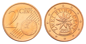Австрия 2 евроцента 2002 из ролла KM 3083 сталь плакированная медью  UNC  M64-17