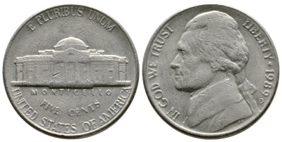 США 5 ЦЕНТОВ 1989 D, ДЖЕФФЕРСОН KM А192 медно-никель 29-225