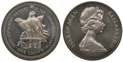 Остров Мэн 1 крона 1978 25 лет коронации королевы Елизаветы II, соколы KM 43 медно-никель UNC 1071-9-63