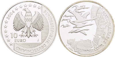 ФРГ 10 евро 2004 J, Национальный парк, Ваттовое море (Wattenmeer) KM 232, DE.S 10.15 серебро PROOF 1082-9-62