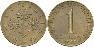 Австрия 1 шиллинг 1967 KM 2886 алюминиевая бронза 4579-326