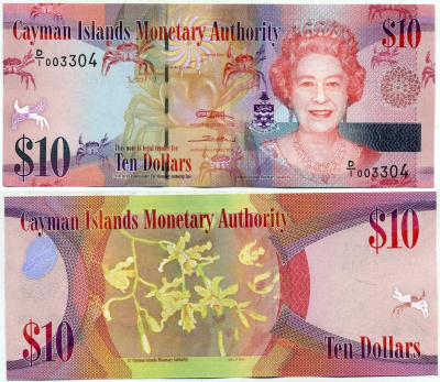 Каймановы острова 10 долларов 2010 Елизавета II (1952-2022), цветок банана Pick 40 a бумага UNC (пресс) 000-00-00
