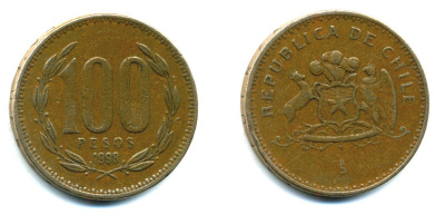 ЧИЛИ 100 ПЕСО 1998 ГЕНЕРАЛ БЕРНАРДО О ХИГГИНС KM 226.2 алюминевая бронза 35-1155