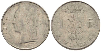 БЕЛЬГИЯ 1 ФРАНК 1971 BELGIQUE, БОДУЭН I (1951-1993) KM 142.1 медно-никель 202-1044