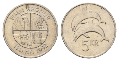 Исландия 5 крон 1992 дельфины KM 28 медно-никель 4691-413