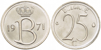 БЕЛЬГИЯ 25 САНТИМОВ 1971 BELGIQUE KM 153.1 медно-никель UNC 3996-1123