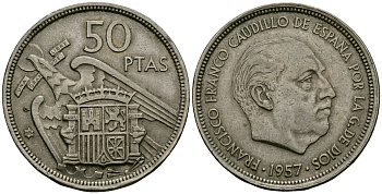 Испания 50 песет 1957 (58) Франсиско Франко (1939-1975) KM 788 медно-никель 4137-112