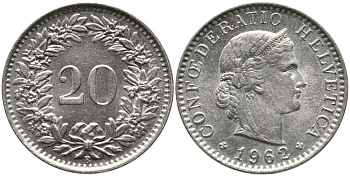 Швейцария 20 раппенов 1962 В KM 29а медно-никель 4539-612