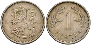 ФИНЛЯНДИЯ 1 МАРКА 1922 Heart KM 27 медно-никель 4563-556