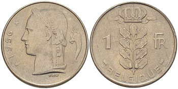 БЕЛЬГИЯ 1 ФРАНК 1956 BELGIQUE, БОДУЭН I (1951-1993) KM 142.1 медно-никель 202-954