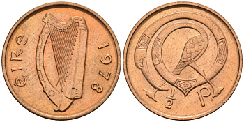 Ирландия 1/2 пенни 1978 мифологическая птица лира KM 19 бронза UNC 4580-911