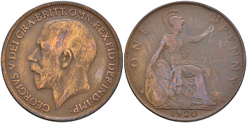 Великобритания 1 пенни 1920 Георг V (1910-1936) KM 810, Spink 4051 бронза 4557-1011