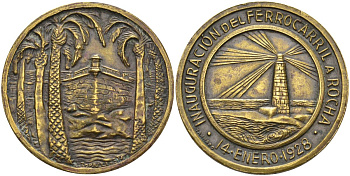 Уругвай медаль 1828 открытие железной дороги в Рочу 14 января 1928, диаметр 30 мм., маяк 4367-1022