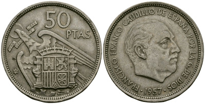 Испания 50 песет 1957 (58) Франсиско Франко (1939-1975) KM 788 медно-никель 4137-112