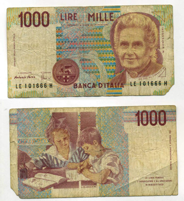 Италия 1000 лир 1990 Мария Монтессори Pick 114c 70-35-5-1