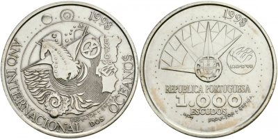 Португалия 1000 эскудо 1998 международный год океанов, EXPO 98 KM 707 серебро UNC 3896-224