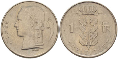 БЕЛЬГИЯ 1 ФРАНК 1956 BELGIQUE, БОДУЭН I (1951-1993) KM 142.1 медно-никель 202-954