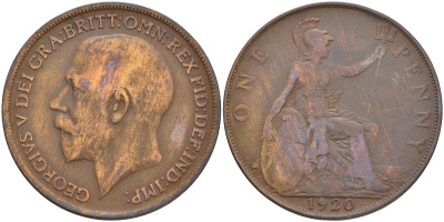 Великобритания 1 пенни 1920 Георг V (1910-1936) KM 810, Spink 4051 бронза 4557-1011