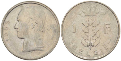 БЕЛЬГИЯ 1 ФРАНК 1965 BELGIE, БОДУЭН I (1951-1993) KM 143.1 медно-никель 202-1024