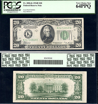 США 20 долларов 1934 серия 1934B, K (Техас), в слабе PCGS 65 PPQ Gem New Pick 431D b, Fr. 2056-K  бумага  UNC (пресс) 452-1-01