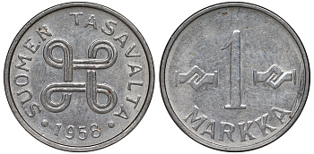 ФИНЛЯНДИЯ 1 МАРКА 1958 KM 36а железо плакированное никелем UNC 3334-1239