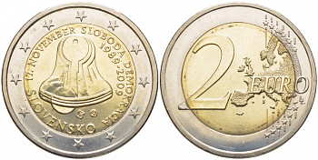 Словакия 2 евро 2009 20 лет Бархатной Революции, колокол KM 107 биметалл 175-1035