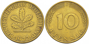 ФРГ 10 ПФЕННИГОВ 1972 J KM 108, J.383 сталь плакированная латунью 3718-744