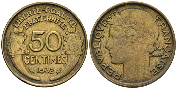 Франция 50 сантимов 1932 KM 894.1, Le Franc 192.15 алюминиевая бронза 4596-756