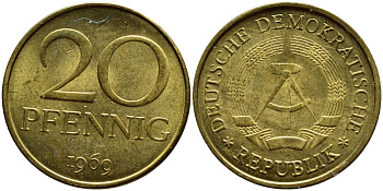 ГДР 20 пфеннигов 1969 А, первый год KM 11 латунь UNC 73-1036