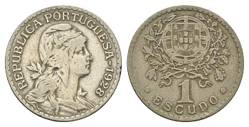 Португалия 1 эскудо 1928 голова Свободы вправо KM 578 никель латунь    4660-342