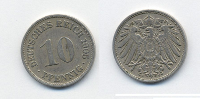 ГЕРМАНИЯ 10 ПФЕНИНГОВ 1905 KM 12 медно-никель 46-1421