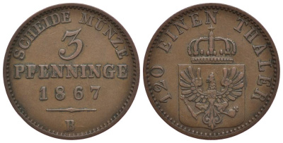 ПРУССИЯ 3 ПФЕННИГА 1867 B, ВИЛЬГЕЛЬМ I (1861-1888) KM 482 медь 186-611
