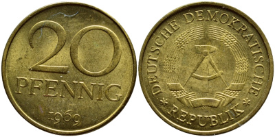 ГДР 20 пфеннигов 1969 А, первый год KM 11 латунь UNC 73-1036
