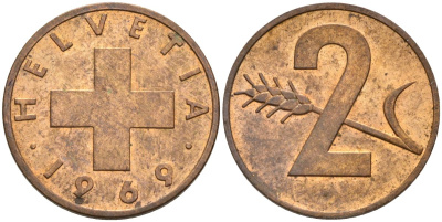 Швейцария 2 раппена 1969 KM 47 бронза 4561-454
