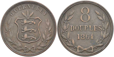 Гернси 8 даблов (дублей) 1864 KM 7 бронза 3996-522