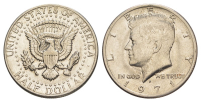 США 1/2 доллара (50 центов) 1971 D, Джон Кеннеди KM 202b медь плакированная медно-никелем aUNC 109-113