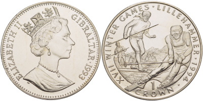 Гибралтар 1 крона 1993 XVII зимние Олимпийские игры 1994 года в Лиллехаммере, горные лыжи KM 148 медно-никель BUNC 1084-8-64