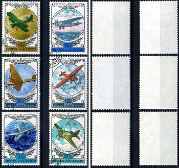 СССР набор из 6 марок (4, 6, 10, 12, 16 и 20 копеек) 1978 История советской авиации - У-2, К-5, ТБ-3, Сталь-2, МБР-2 и И-16 Загорский 4801, 4802, 4803, 4804, 4805 и 4806 почтовое гашение 8699-12-6-2