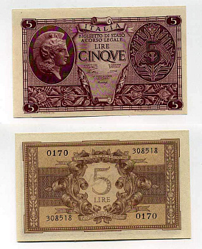 Италия 5 лир 1944 23 ноября 1944 Афина в шлеме, signatures: BoLaffi / CavalLaro / Giovinco Pick 31a, Grapanzano BS 29 00-00