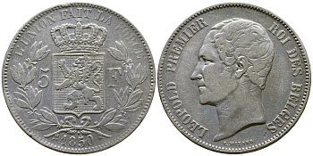 Бельгия 5 франков 1850 Леопольд I (1831-1865), точка над датой KM 17 серебро 74-1131